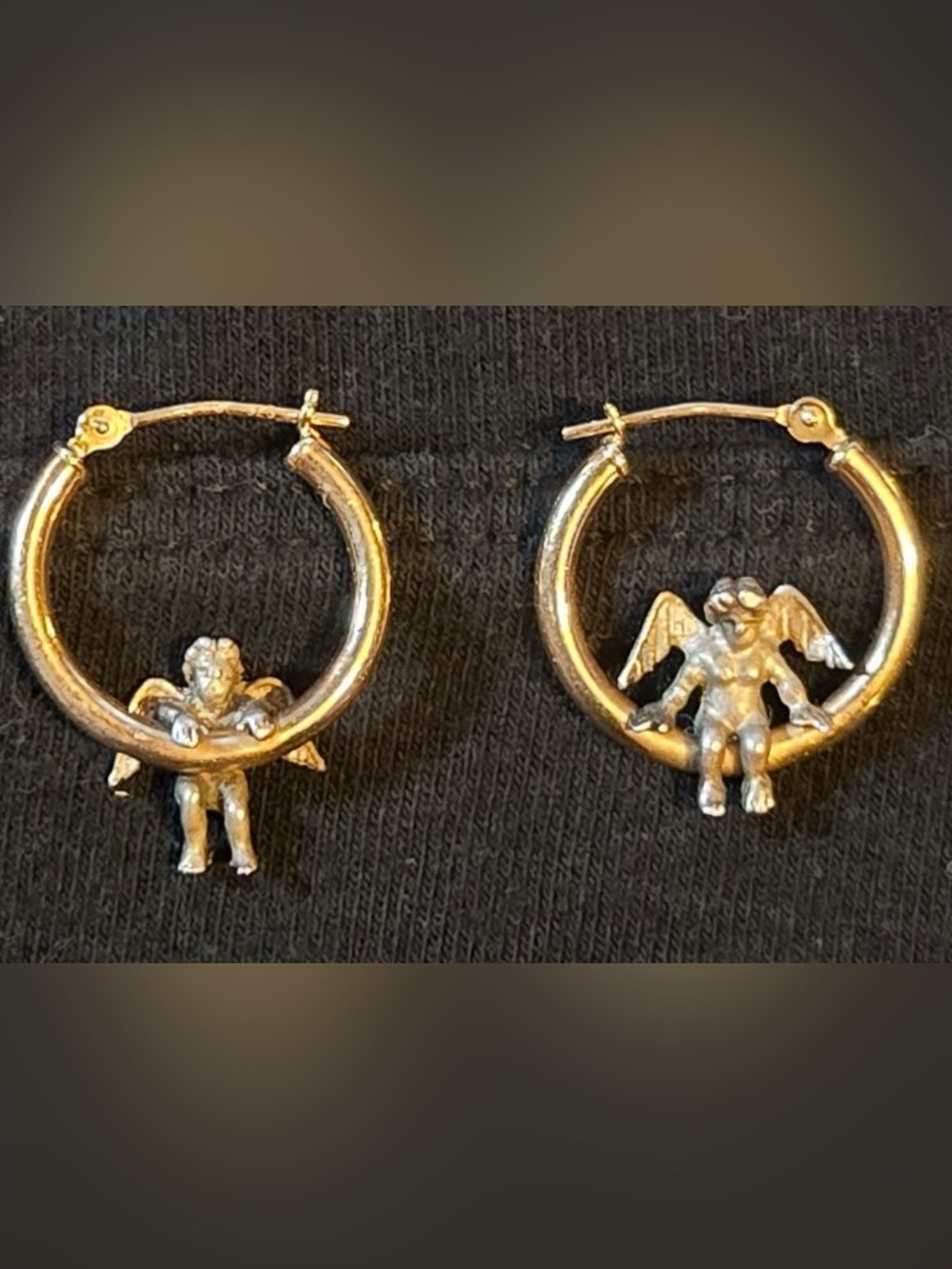 PBD designer vintage 14k gold angel hoop earrings with sterling silver angels